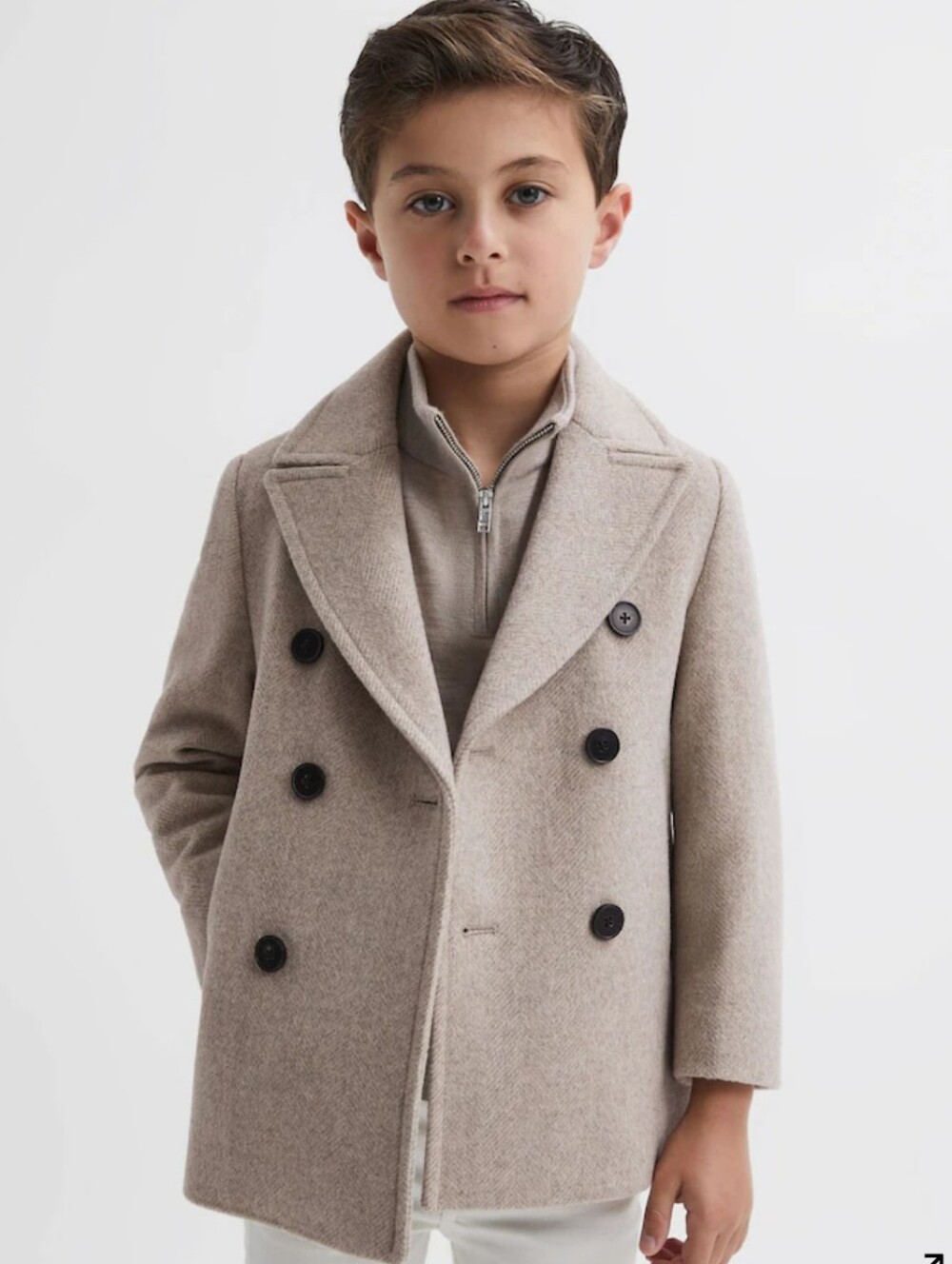 Reiss Taupe Double-Breasted Wool Coat with Black Buttons